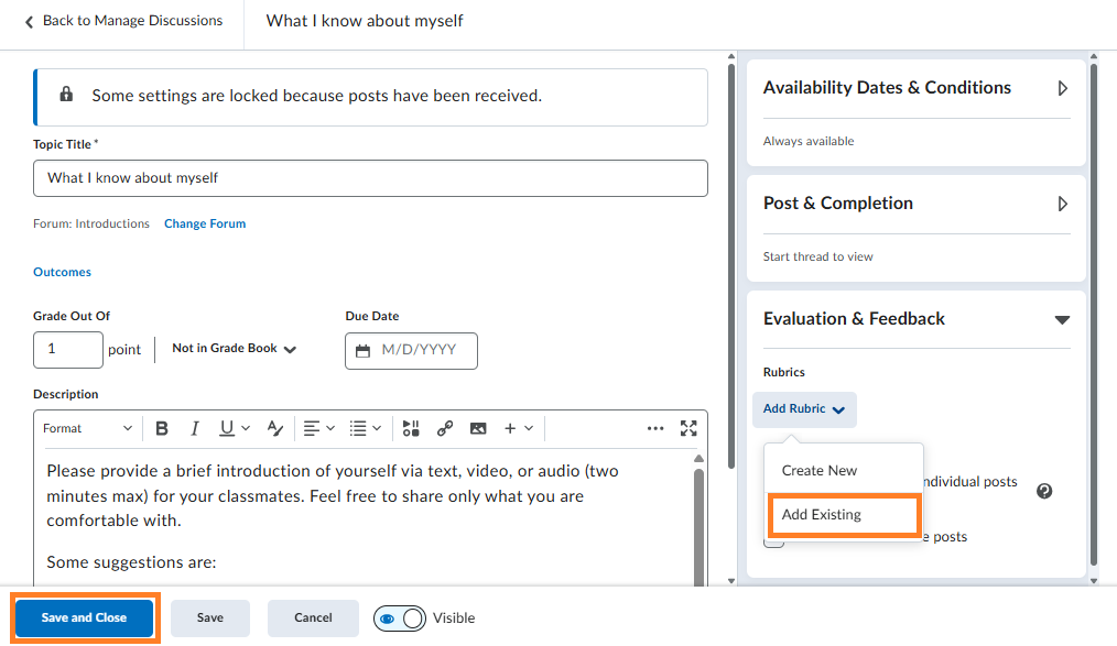 Discussion post editing page with Rubric drop-down menu open