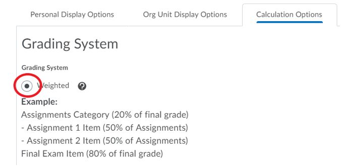 Grading system category has weighted as the first option and is selected.