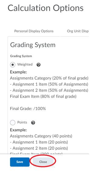 Calculation options page is displayed with close button highlighted.