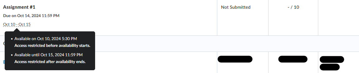 Learner view of assignment availability dates with access restricted.