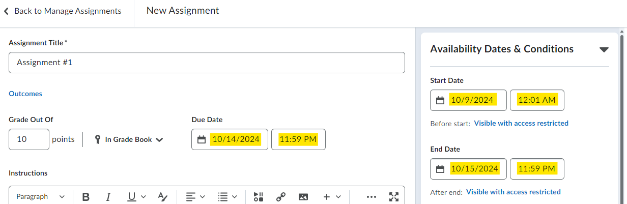 Assignment editing page for course administrators with start, due, and end dates set.