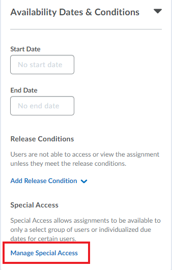 Manage Special Access feature is under availability dates and conditions
