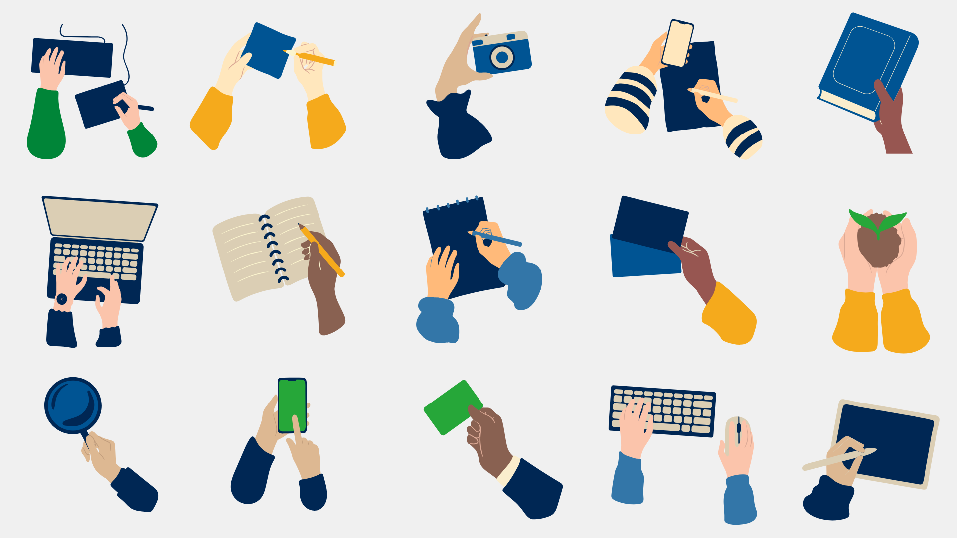 A grid of illustrations of hands doing various tasks.