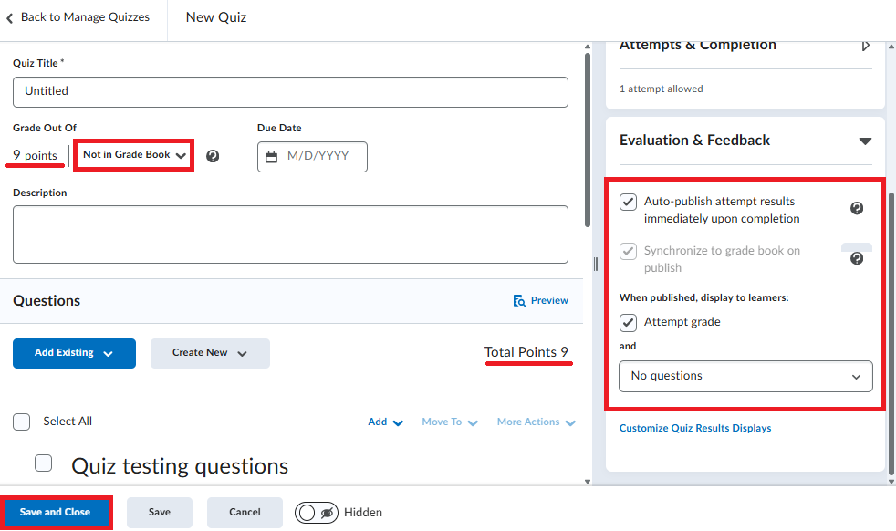 New quiz creation experience with evaluation and feedback menu options